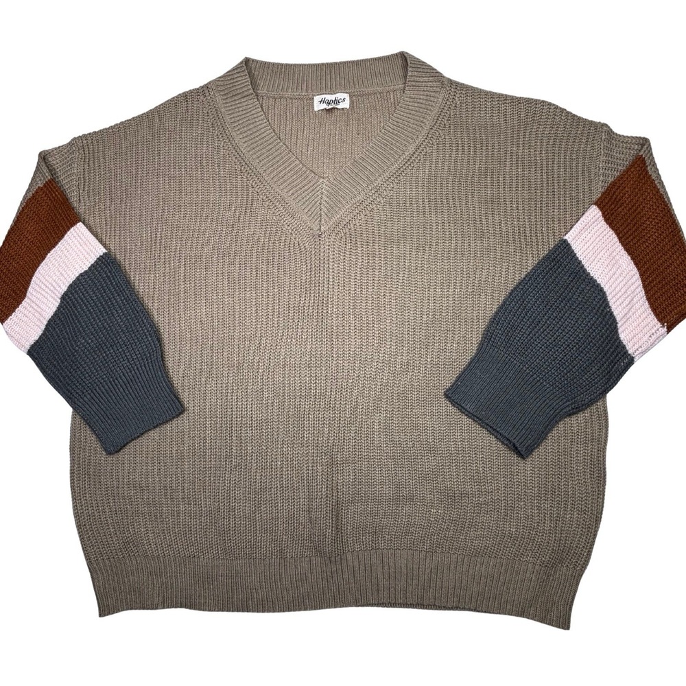 Haptics Colorblock‎ Sleeve V Neck Sweater Womens M Taupe Oversized Knit
